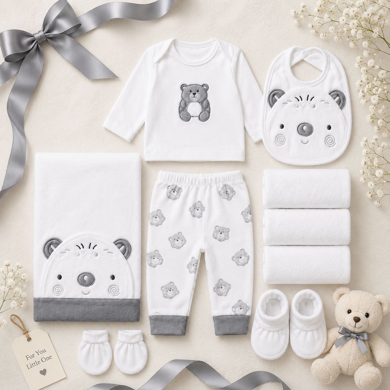 Premium Teddy Bear Newborn Gift Set – Grey & White Collection
