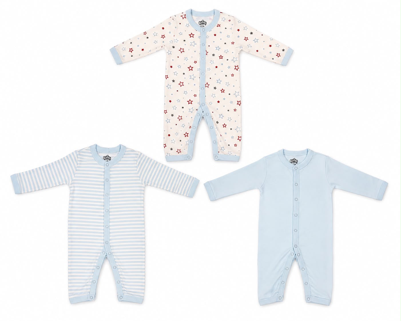 3 Piece Baby Romper Set – Blue Collection | 0–3 Months