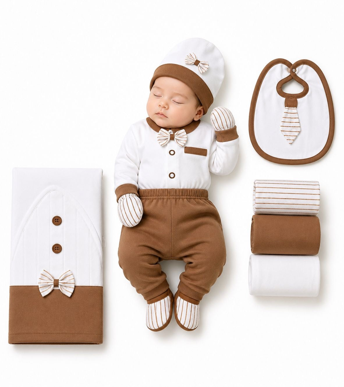 Premium 11-Piece Newborn Gift Set – Brown & White Collection