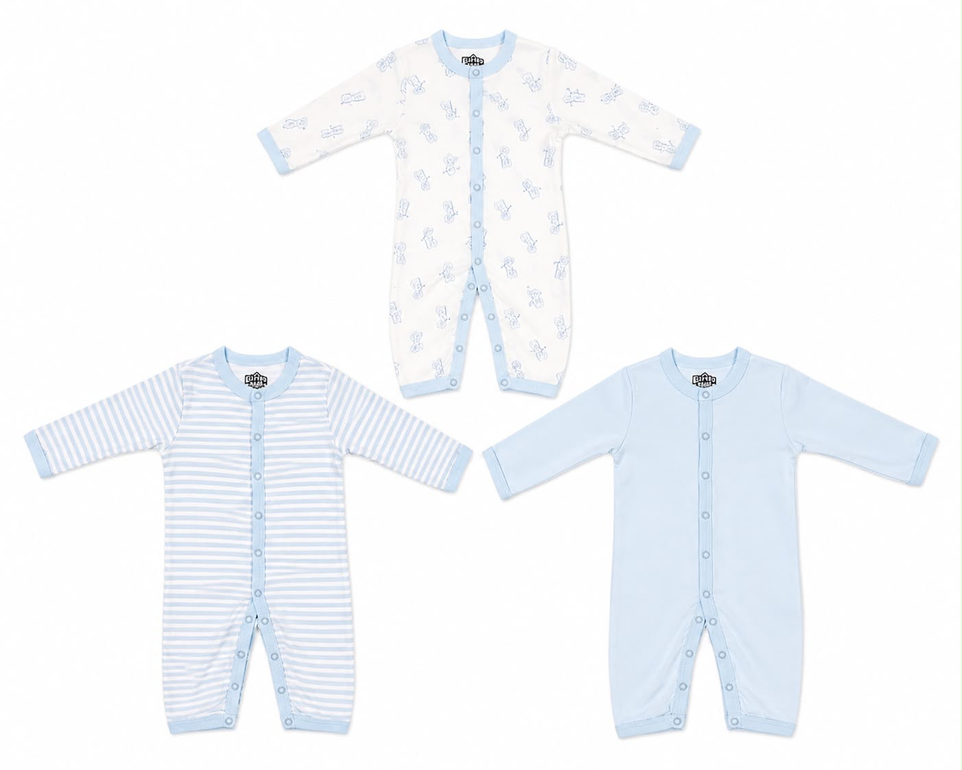 3 Piece Baby Romper Set – Blue Collection | 0–3 Months