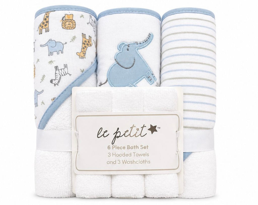 6-Piece Baby Bath Set – Hooded Towels & Washcloths for Newborn Boys