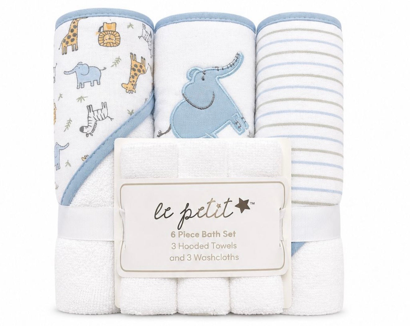 6-Piece Baby Bath Set – Hooded Towels & Washcloths for Newborn Boys