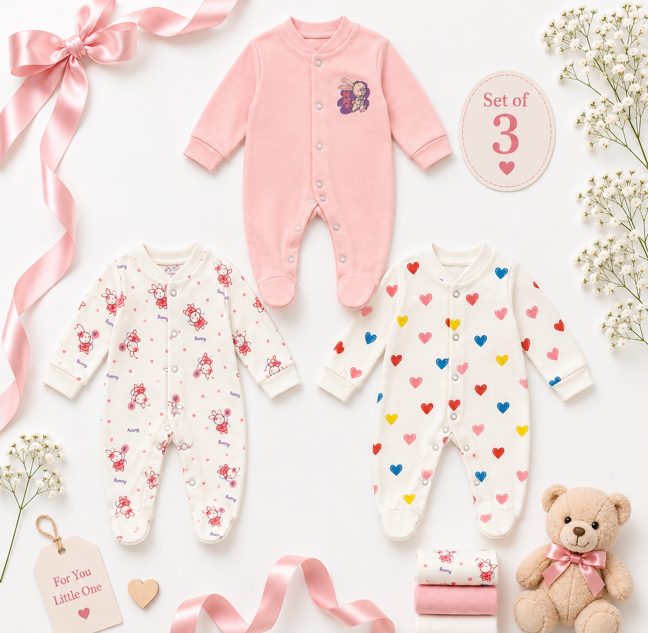 3 Piece Baby Romper Set – Pink Collection | 0–3 Months