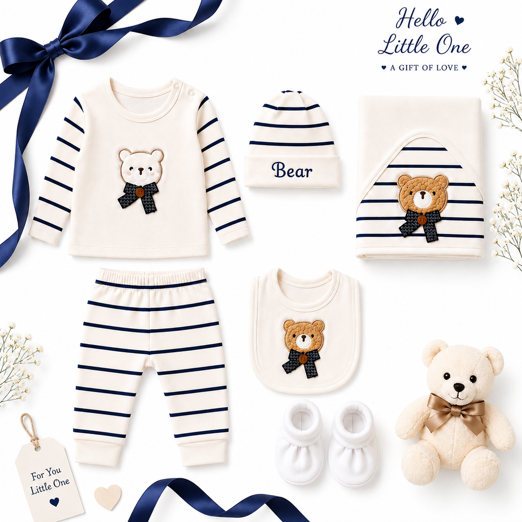 MiniMora Premium 7-Piece Newborn Baby Gift Set | Teddy Bear Collection | Soft Cotton - BLUE