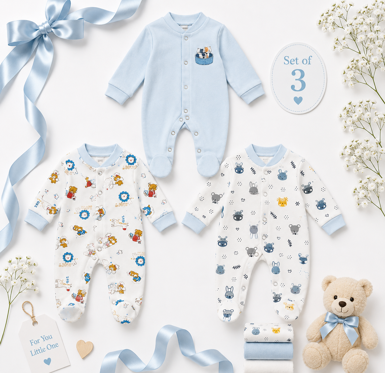 3 Piece Baby Romper Set – Blue Collection | 0–3 Months