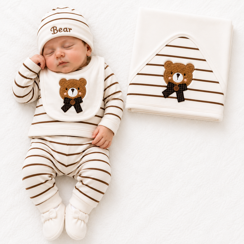 7-Piece Newborn Baby Gift Set – White & Brown Teddy Bear Collection