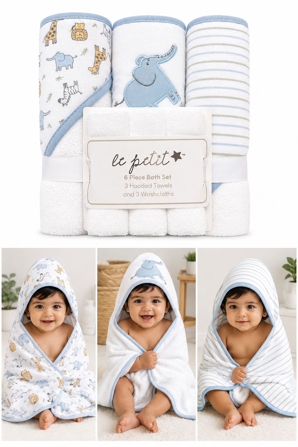 6-Piece Baby Bath Set – Hooded Towels & Washcloths for Newborn Boys