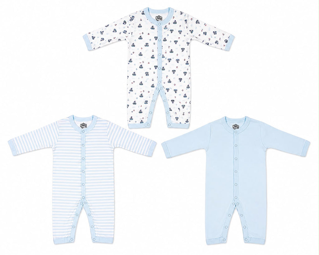 3 Piece Baby Romper Set – Blue Collection | 0–3 Months
