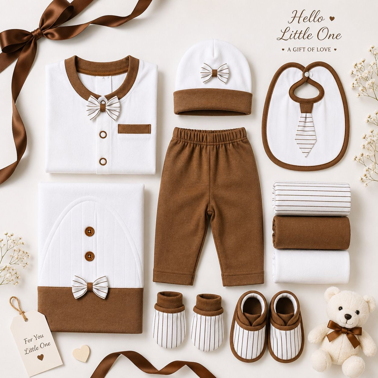 Premium 11-Piece Newborn Gift Set – Brown & White Collection