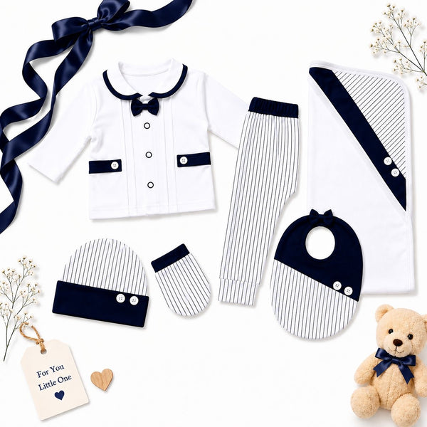 Classic Navy Blue & White Baby Boy 7-Piece Gift Set