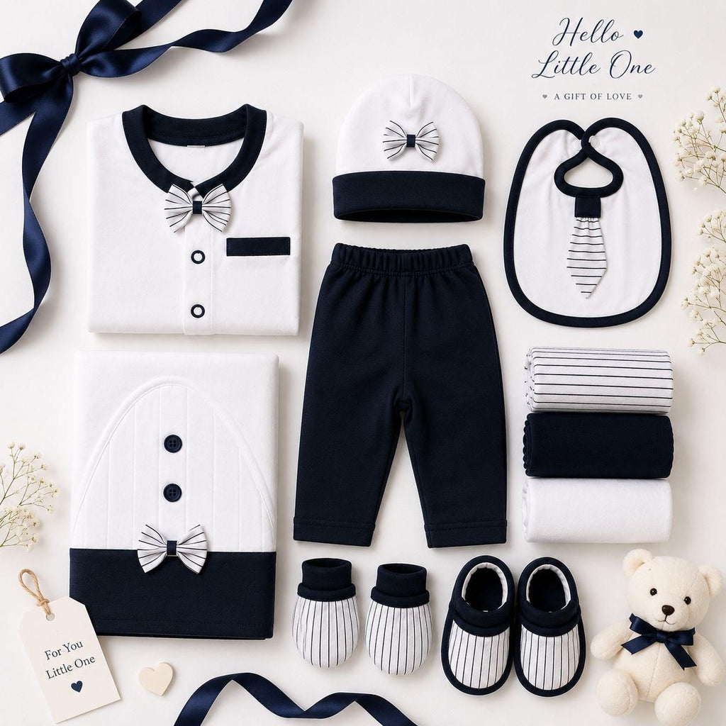 Premium 11-Piece Newborn Gift Set – Navy Blue & White Collection