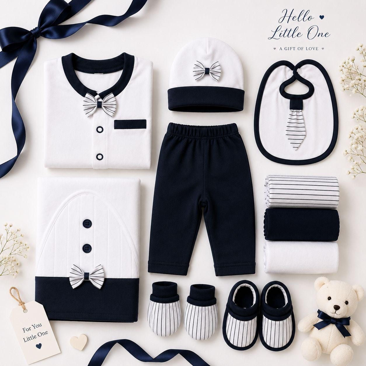 Premium 11-Piece Newborn Gift Set – Navy Blue & White Collection