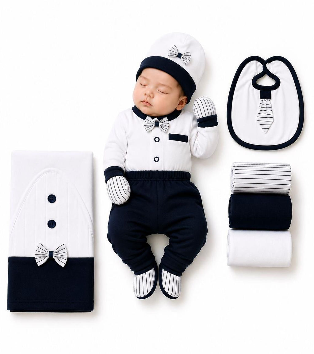 Premium 11-Piece Newborn Gift Set – Navy Blue & White Collection