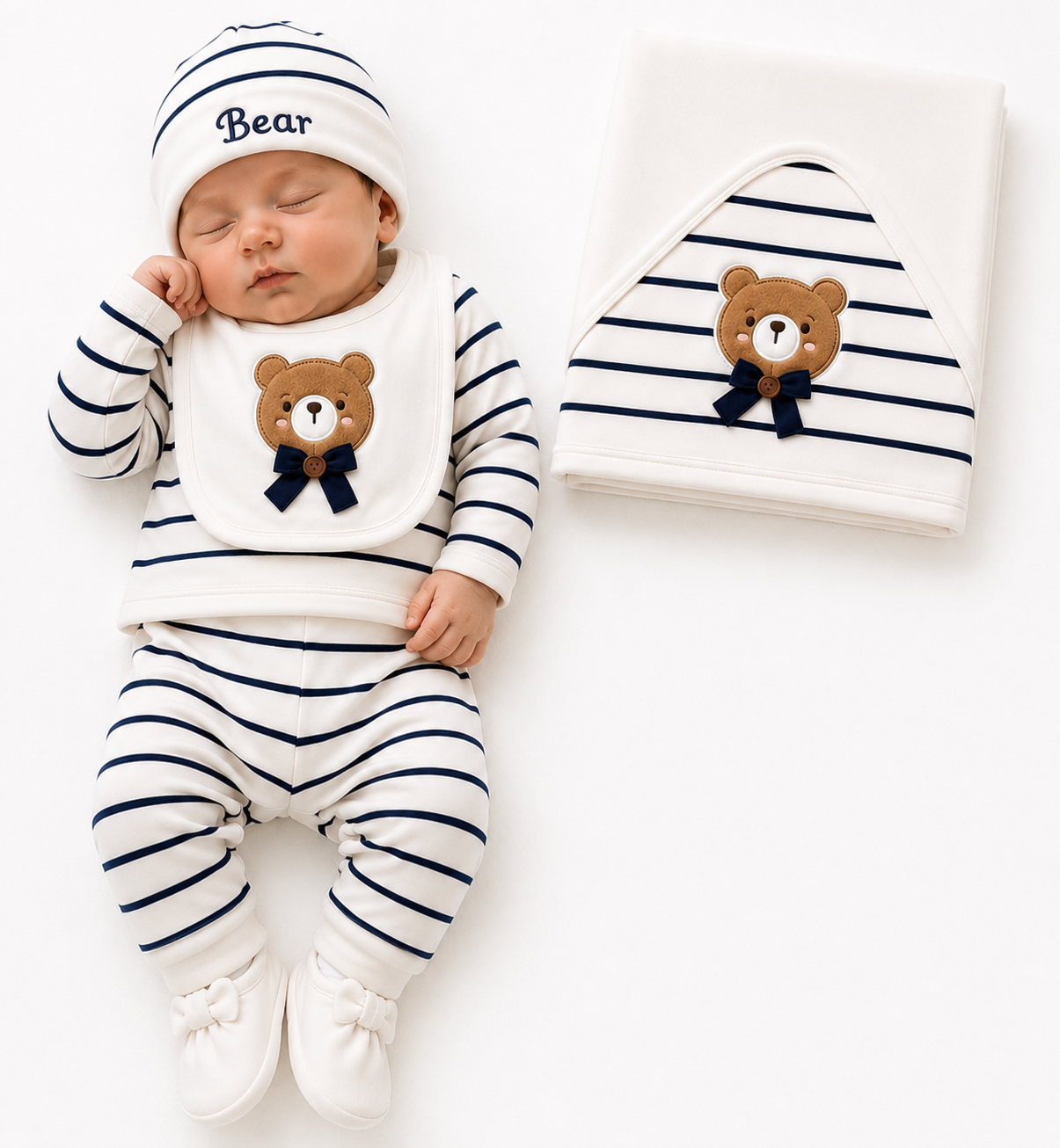 MiniMora Premium 7-Piece Newborn Baby Gift Set | Teddy Bear Collection | Soft Cotton - BLUE