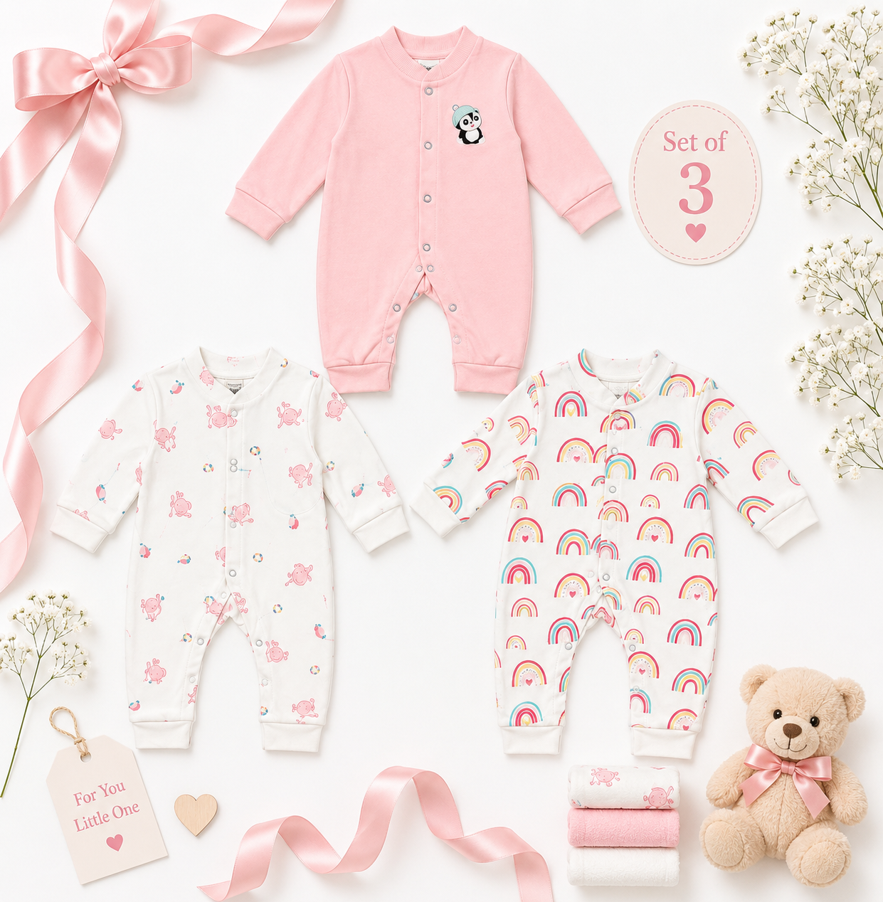 3 Piece Baby Romper Set – Pink Collection | 0–3 Months