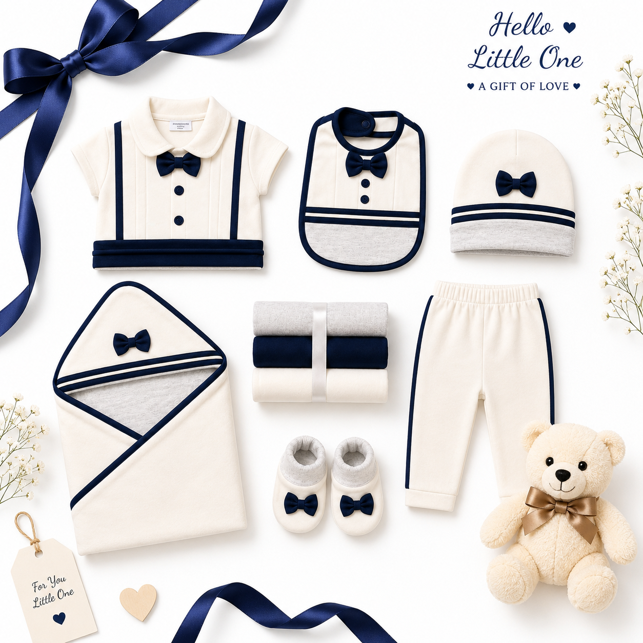 10-Piece Newborn Baby Gift Set – Cream & Navy Blue Bow Collection