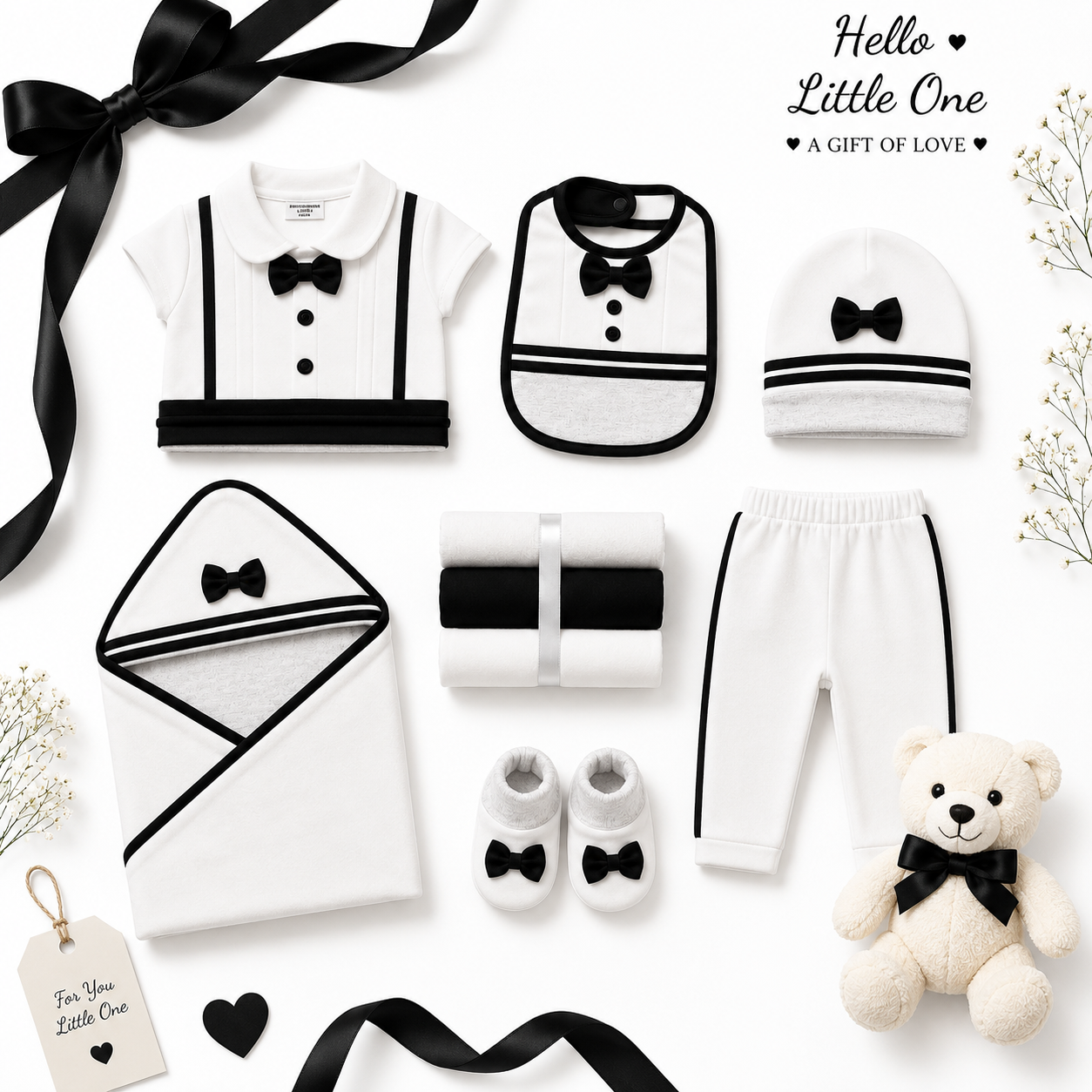 10-Piece Newborn Baby Gift Set – Cream & Black Bow Collection
