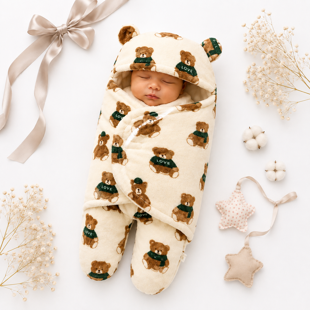 Premium Teddy Bear Hooded Baby Swaddle + Romper